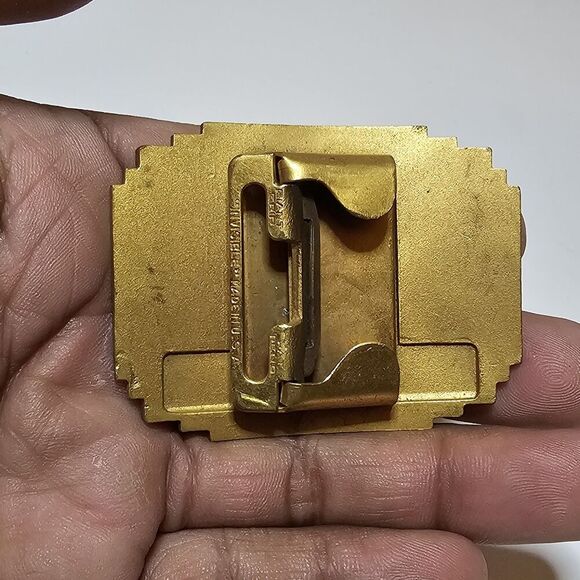 Vintage Invisible Made In The Usa Brass Belt Buckle "M HIGHSCHOOL" Orange White - Picture 6 of 9